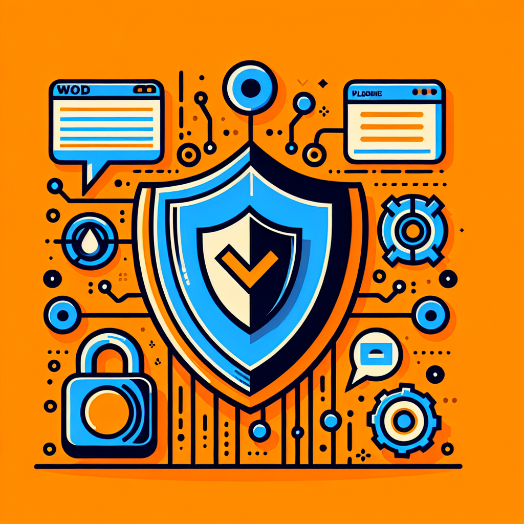 Illustration de sécurité WordPress : bouclier, cadenas, engrenages, fenêtres de code et icônes de données sur fond orange