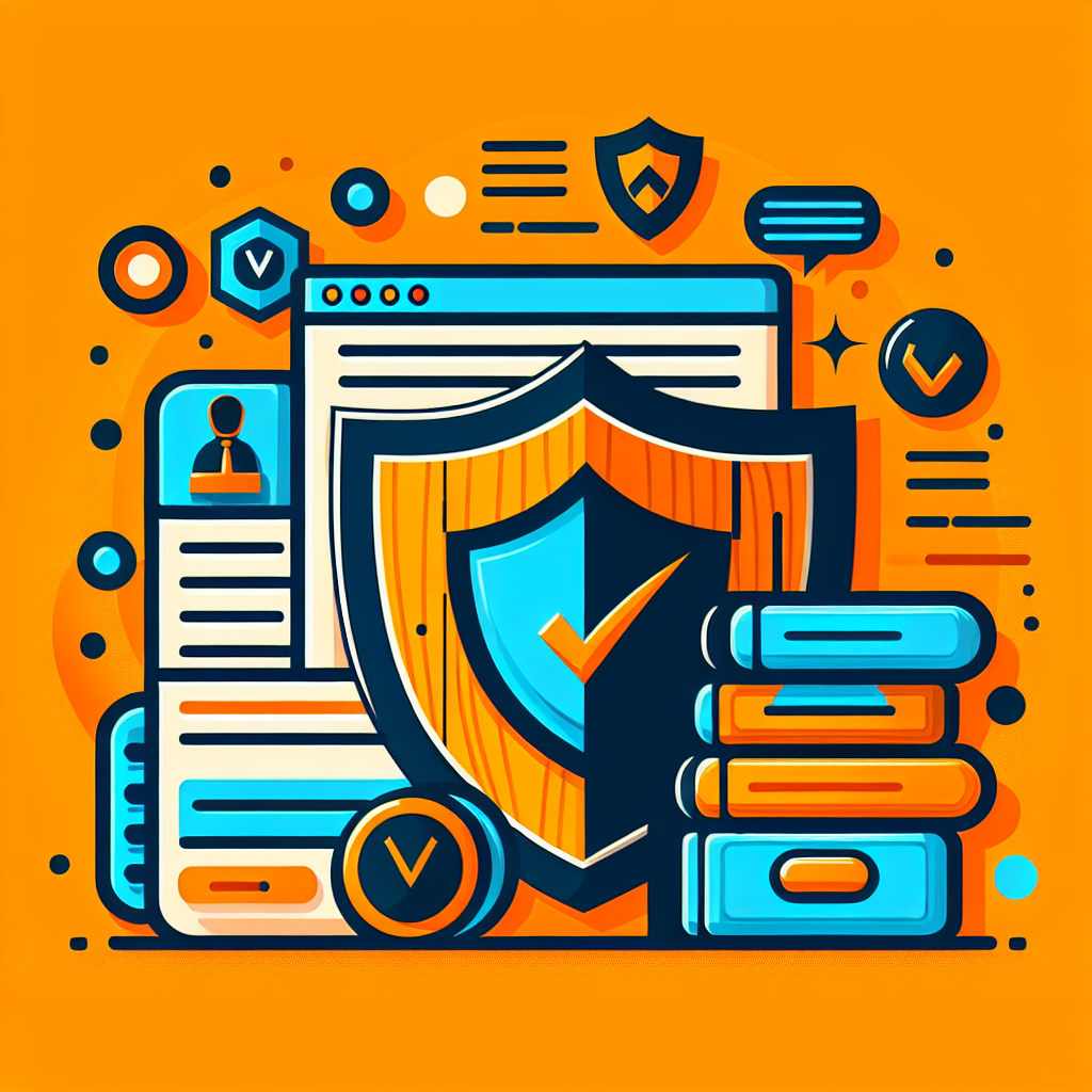 Illustration de sécurité WordPress avec bouclier, coche, page web, profil utilisateur et pile de livres sur fond orange