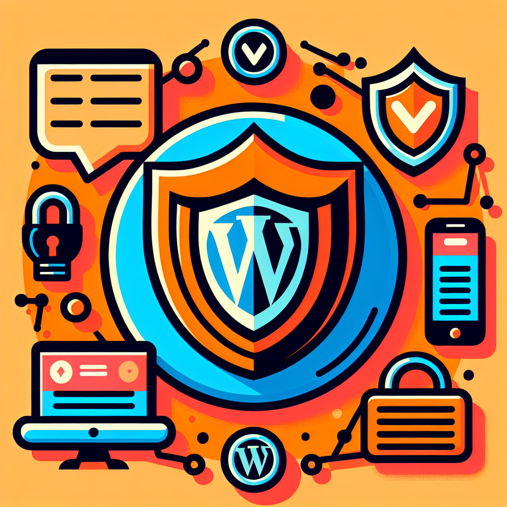 Bouclier WordPress central, icônes de sécurité : cadenas, ordinateur, téléphone, bulle de dialogue, coche de validation