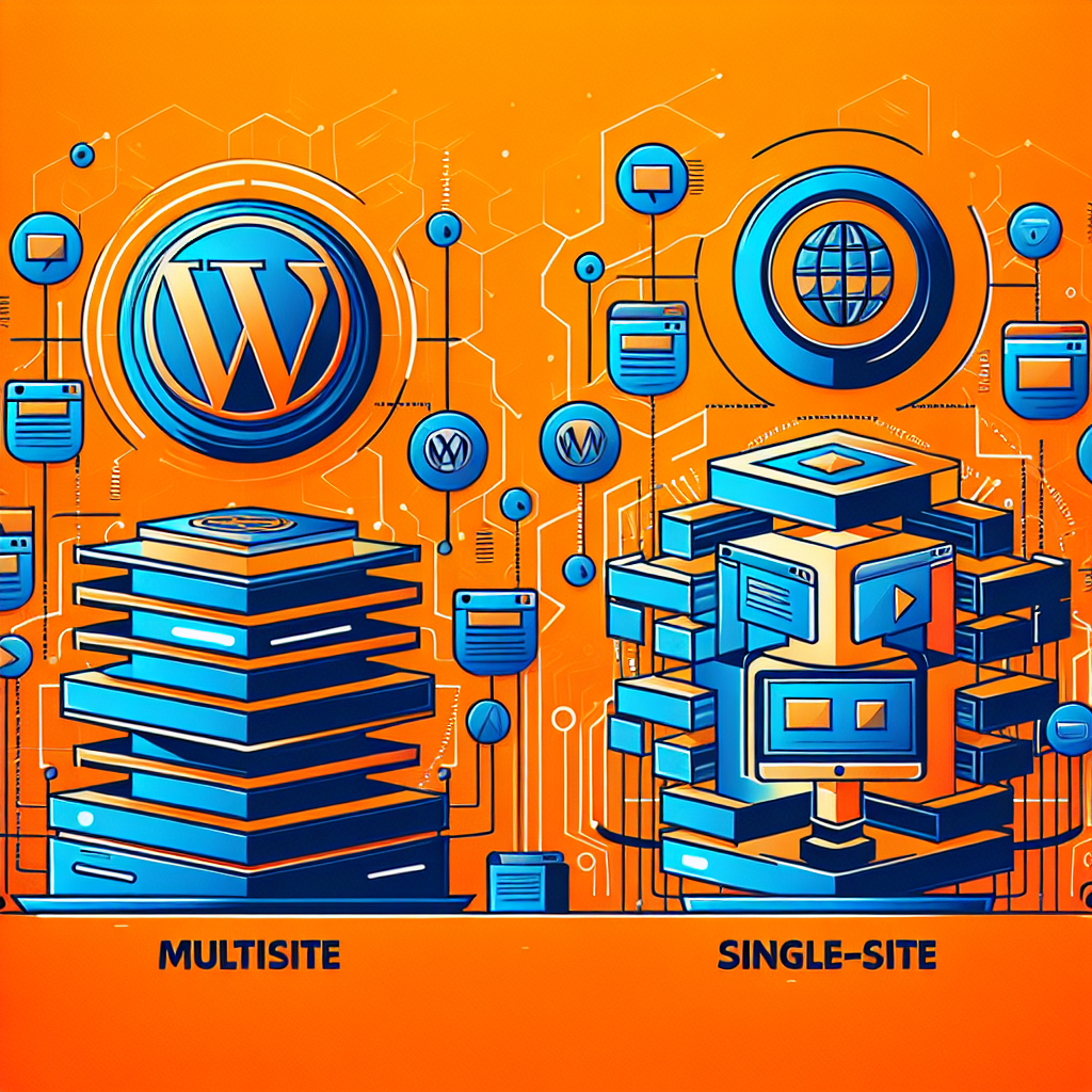Illustration comparative WordPress Multisite vs Single-Site avec icônes, serveurs et schémas de connexion sur fond orange