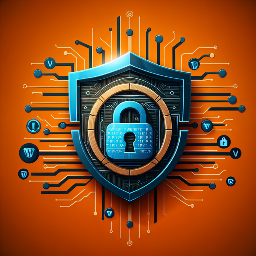 Bouclier de sécurité bleu et noir avec cadenas au centre, sur fond orange avec circuits électroniques et icônes WordPress