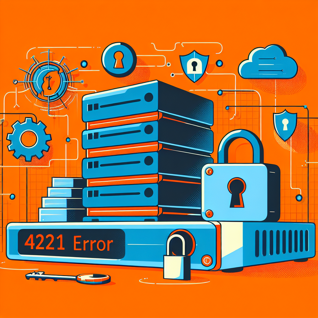 Serveurs, cadenas, boucliers et icônes de sécurité sur fond orange, avec « 4221 Error » affiché sur un serveur