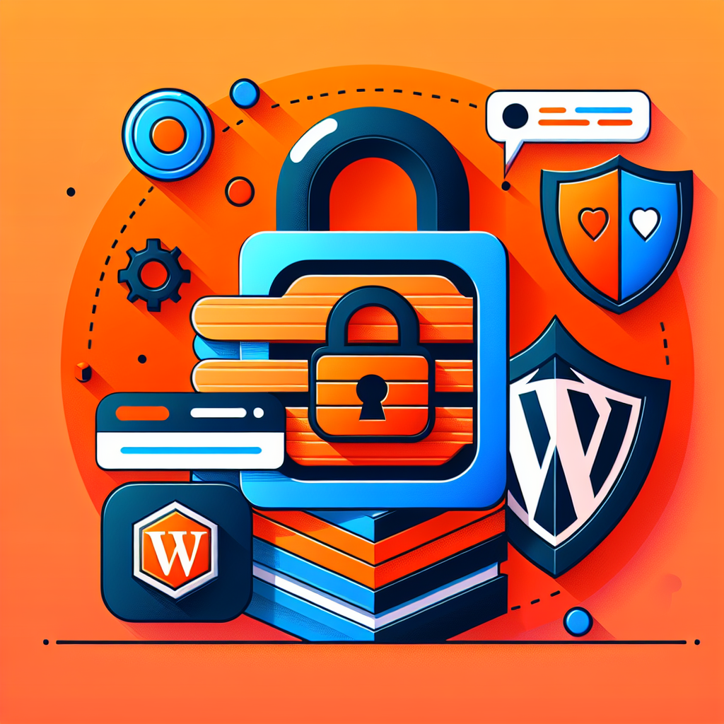 Cadenas, boucliers, logo WordPress, engrenage et icônes de sécurité sur fond orange, symbolisant la protection de site
