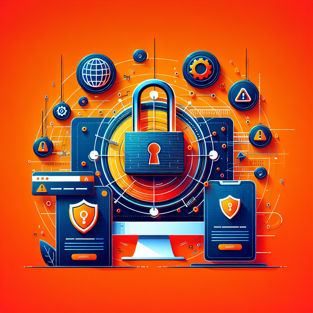 Cadenas central, boucliers de sécurité sur écran d'ordinateur et smartphone, icônes d'alerte et d'engrenage sur fond orange