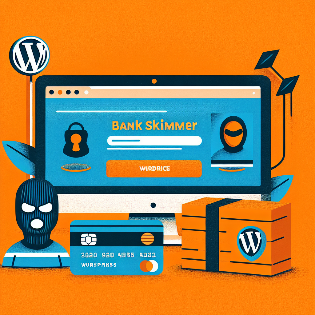 Écran d'ordinateur affichant « Bank Skimmer », carte bancaire, pirate masqué et logo WordPress, sur fond orange