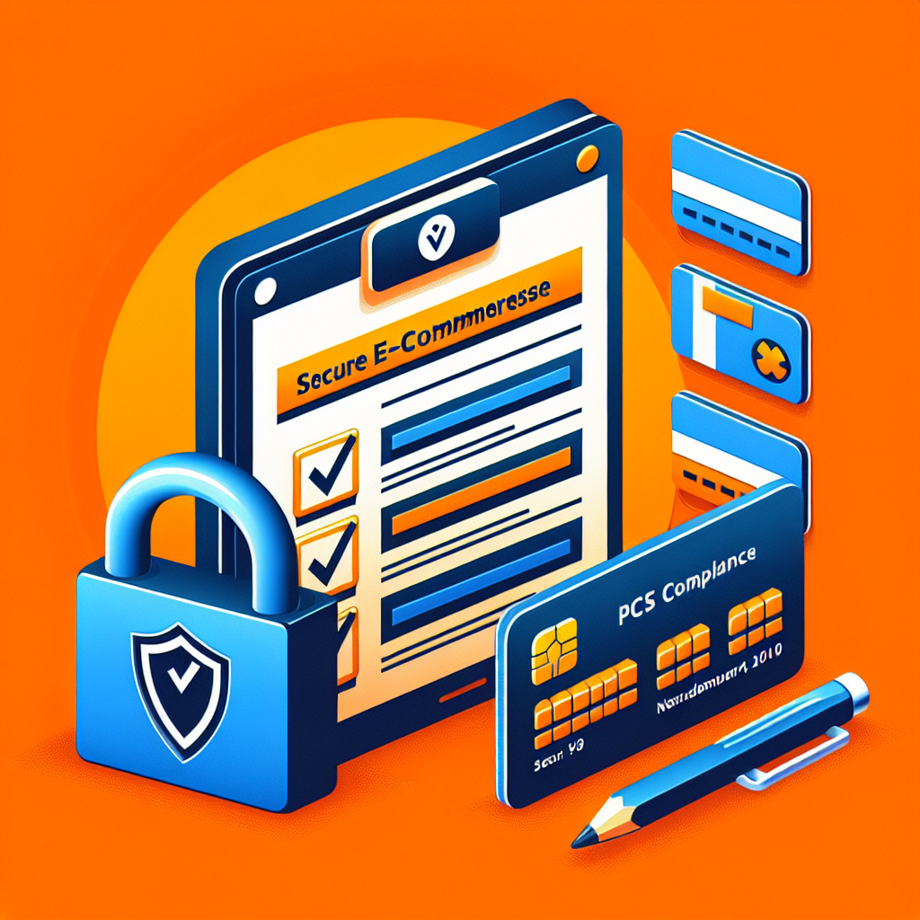 Cadenas, formulaire « Secure E-Commerce », carte bancaire « PCS Compliance » et autres cartes, stylo, sur fond orange
