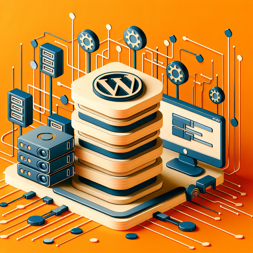 Représentation isométrique d'un serveur WordPress avec des bases de données, un écran de surveillance et des éléments de