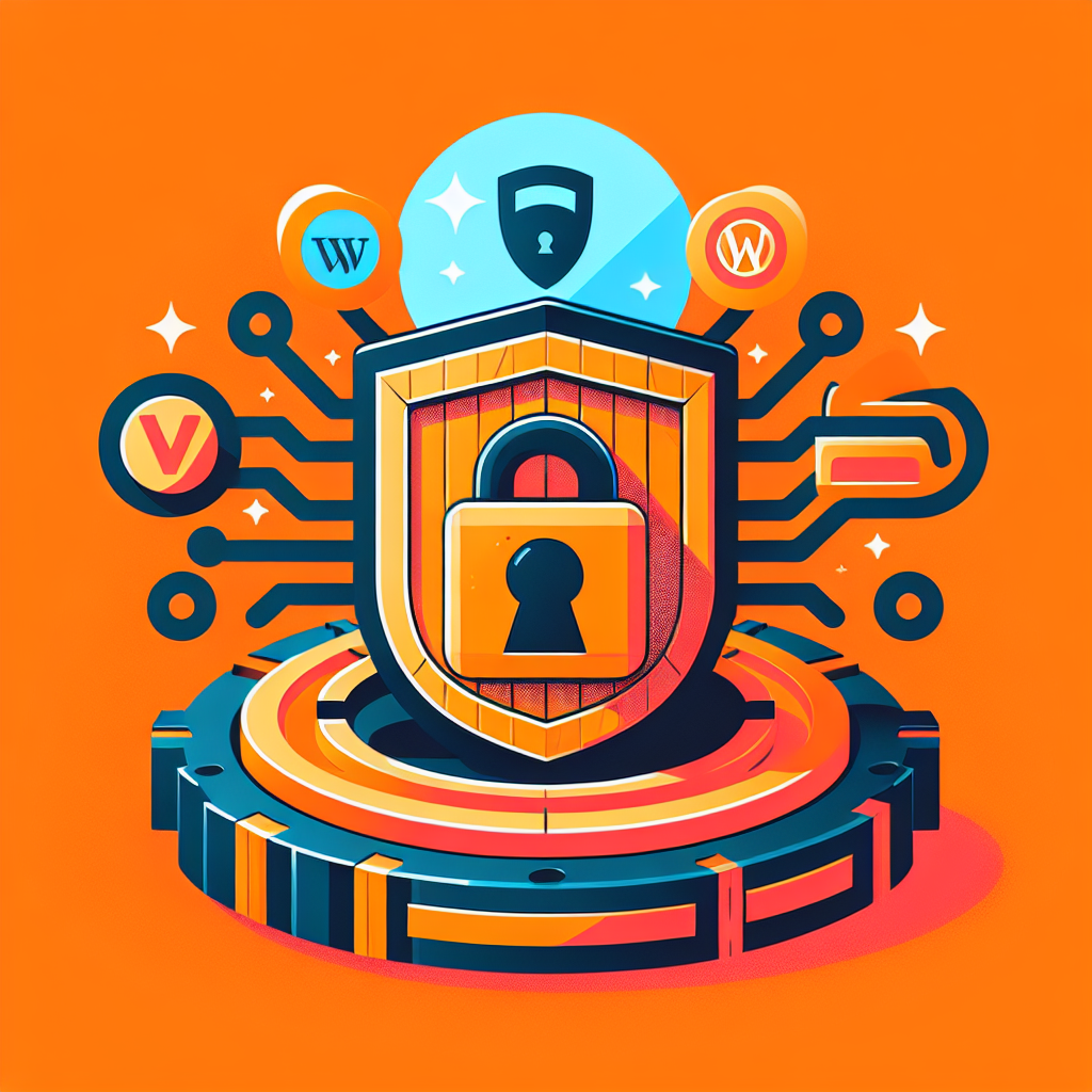 Bouclier avec cadenas, circuit imprimé et logos WordPress, symbolisant la sécurité et la protection des sites web