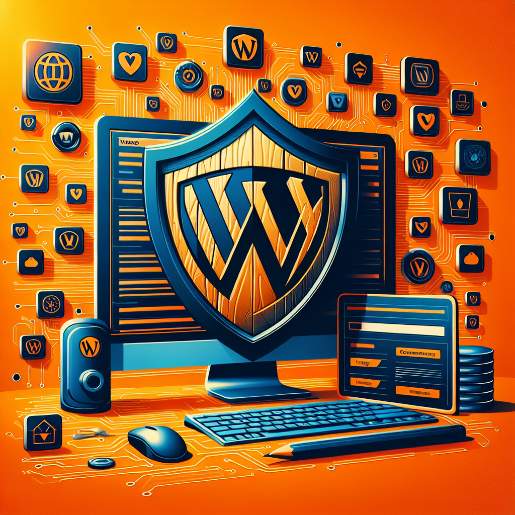 Un bouclier WordPress protégeant un écran d'ordinateur, avec des icônes de sécurité et de code en arrière-plan