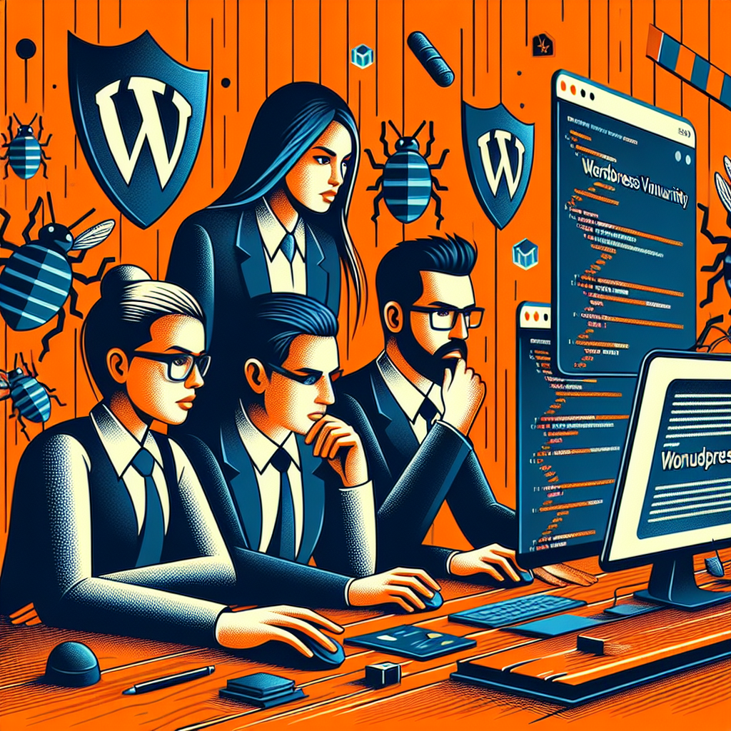 Équipe de sécurité WordPress analysant du code, entourée de boucliers Wordfence et d'insectes symbolisant les bugs