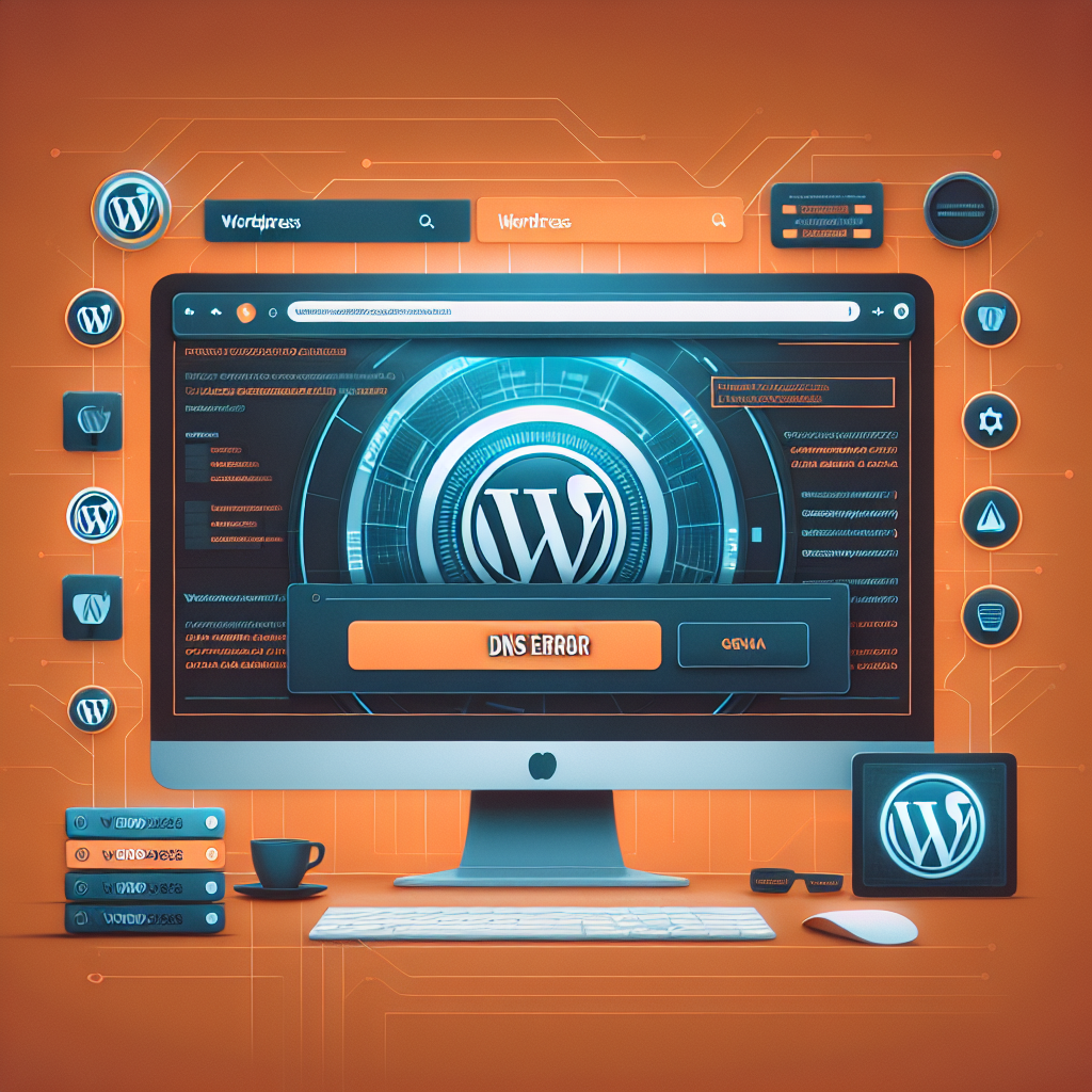 Capture d'écran : Moniteur affichant une erreur DNS sur un site WordPress, avec des logos WordPress et des icônes de sécurité