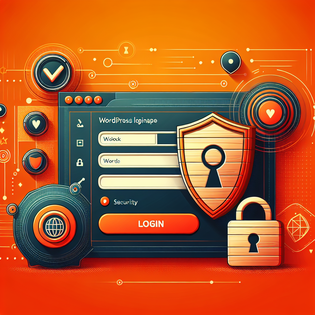 Interface de connexion WordPress avec bouclier, cadenas et éléments de sécurité sur fond orange vif
