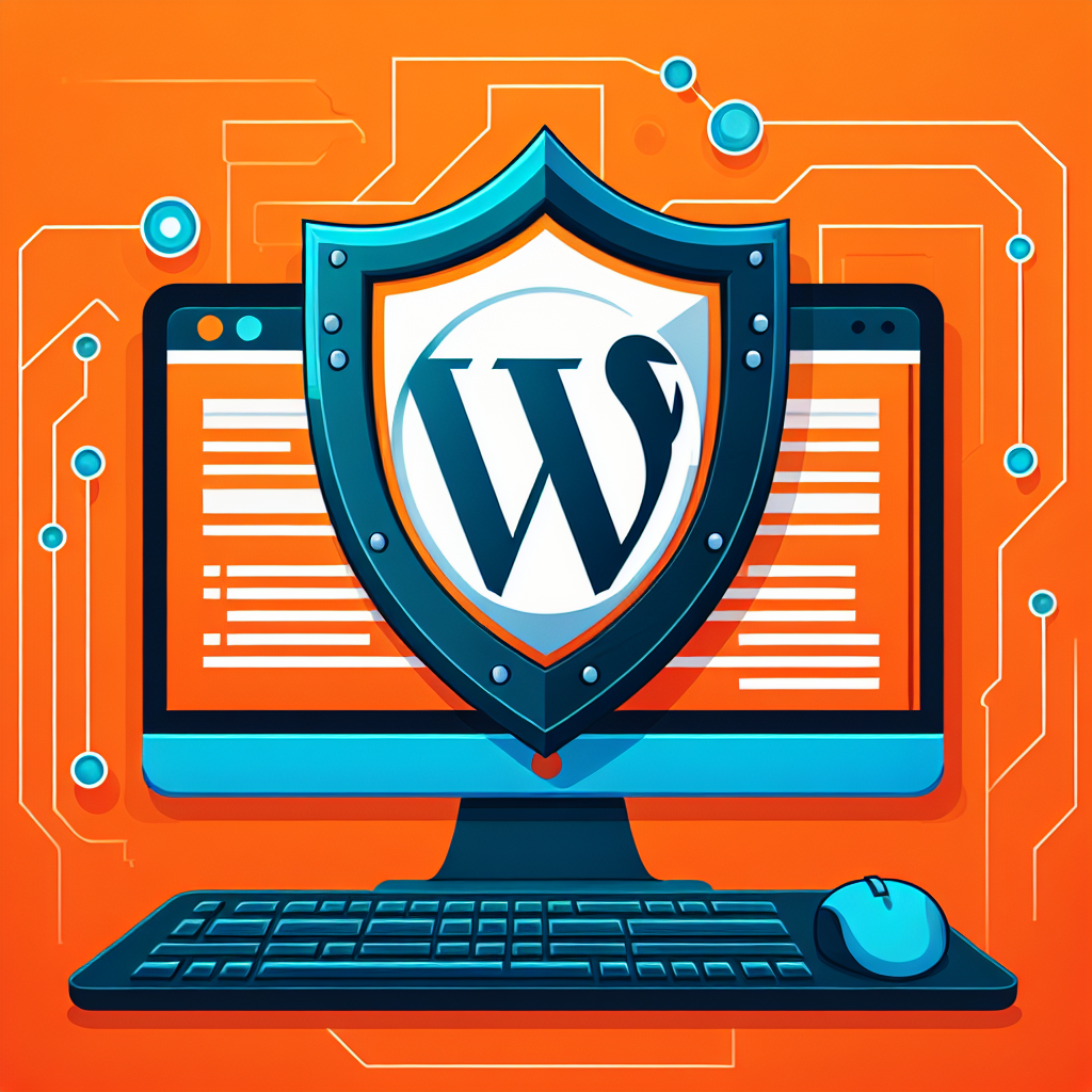 Écran d'ordinateur affichant le logo WordPress sur un bouclier de sécurité, symbolisant la protection des sites WordPress