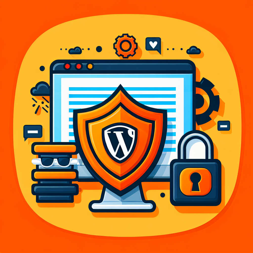 Écran d'ordinateur avec bouclier WordPress, cadenas, engrenages et lunettes de soleil sur une pile de livres