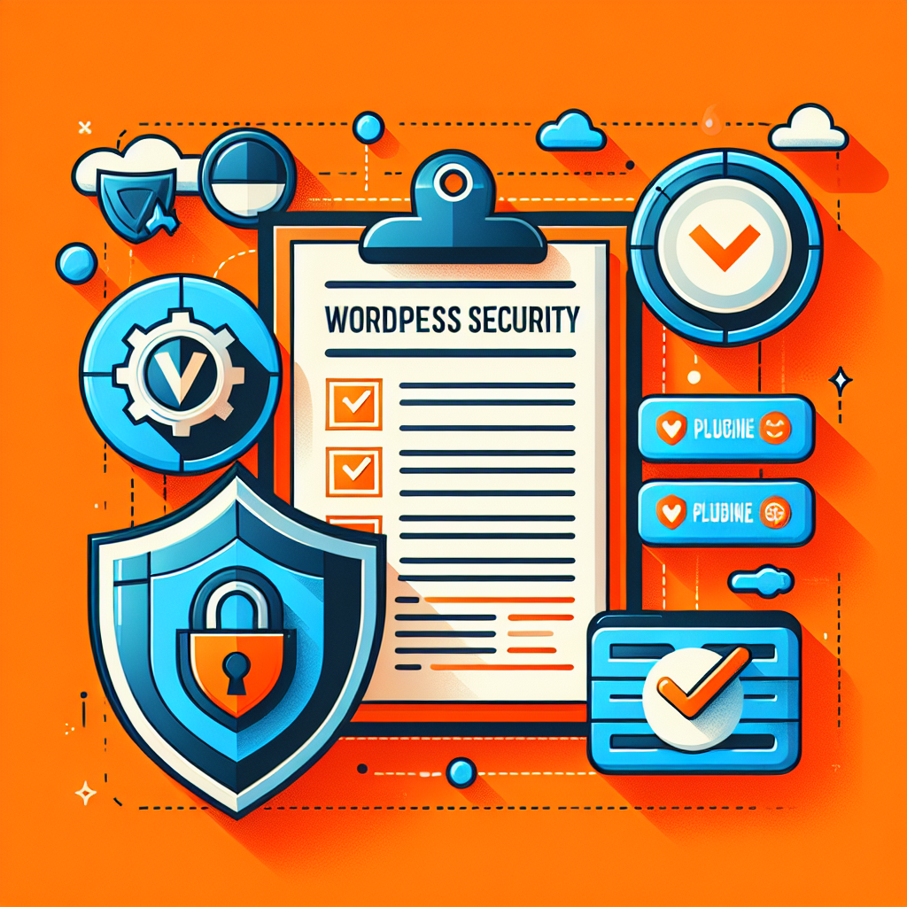Illustration vectorielle de sécurité WordPress avec bouclier, cadenas, liste de contrôle et icônes de plugins sur fond orange