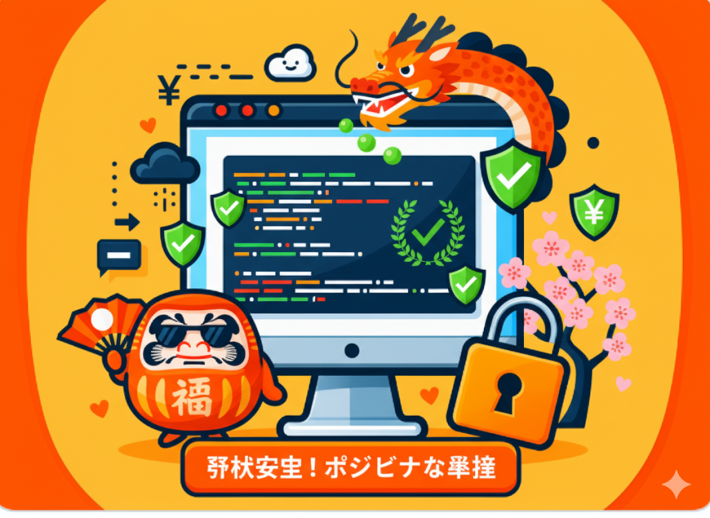 Illustration de sécurité WordPress avec un écran d'ordinateur, un dragon, un Daruma, des cadenas et des boucliers