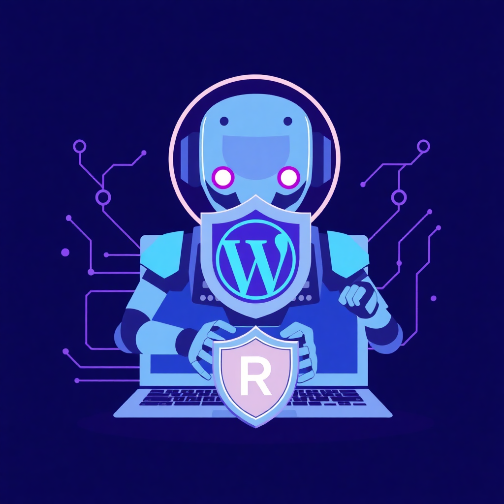 Robot protégeant un ordinateur portable avec des boucliers WordPress et R, symbolisant la sécurité IA pour les sites