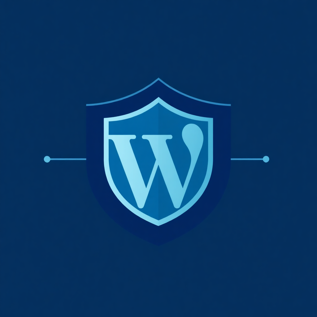 Logo WordPress sur un bouclier de sécurité bleu, symbolisant la protection et la réparation de sites web