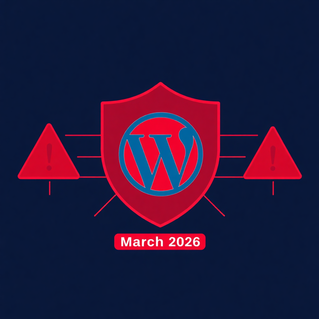 Bouclier WordPress rouge avec triangles d'avertissement et la date « March 2026 » sur fond bleu foncé