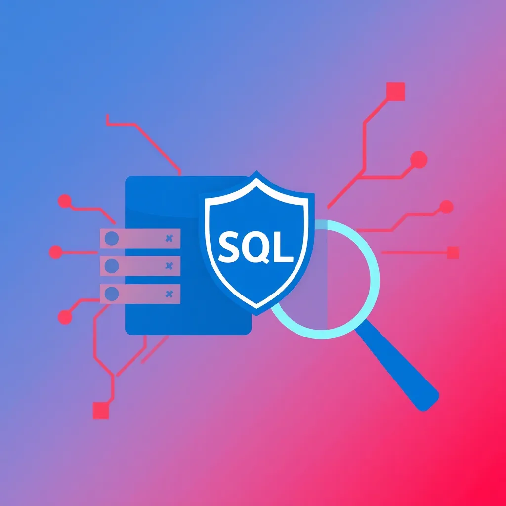 Bouclier SQL protégeant un serveur de base de données, avec une loupe et des circuits électroniques en arrière-plan