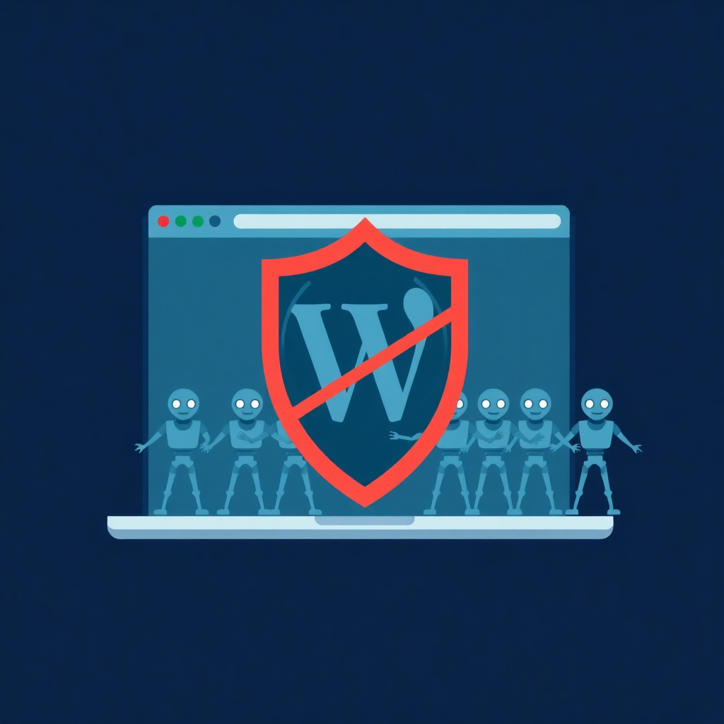 Un bouclier rouge barré protège le logo WordPress sur un écran d'ordinateur, entouré de robots malveillants