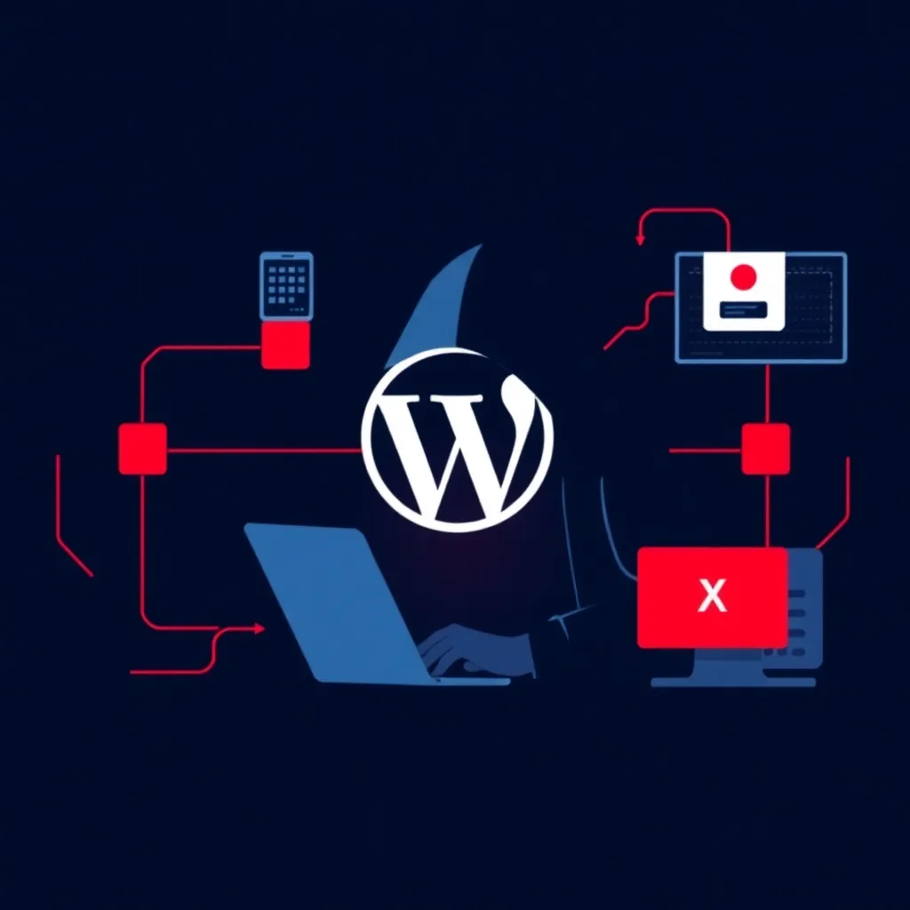 Hacker attaquant un site WordPress, symbolisé par le logo, avec des connexions réseau et des alertes d'erreur