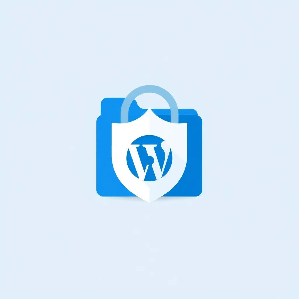Dossier bleu avec cadenas et bouclier blanc, logo WordPress au centre, symbolisant la sécurité des fichiers WordPress
