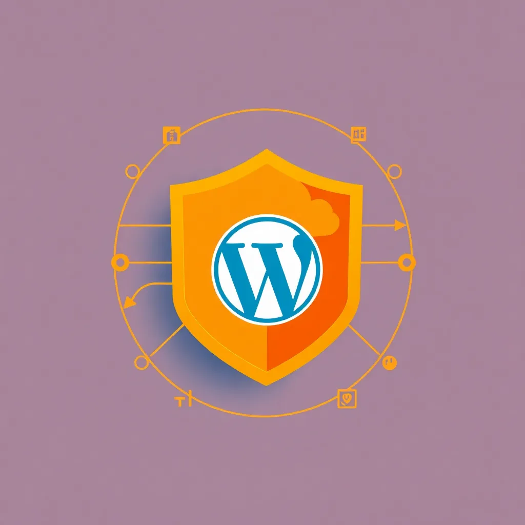 Bouclier orange avec logo WordPress, entouré d'icônes de sécurité et de cloud, sur fond violet
