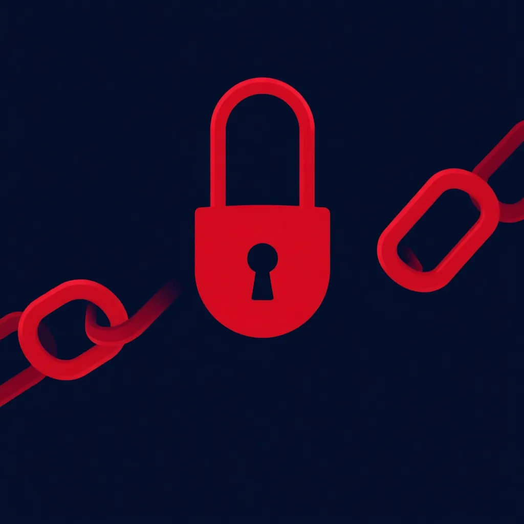Cadenas rouge au centre, maillons de chaîne rouges brisés de chaque côté sur fond bleu foncé
