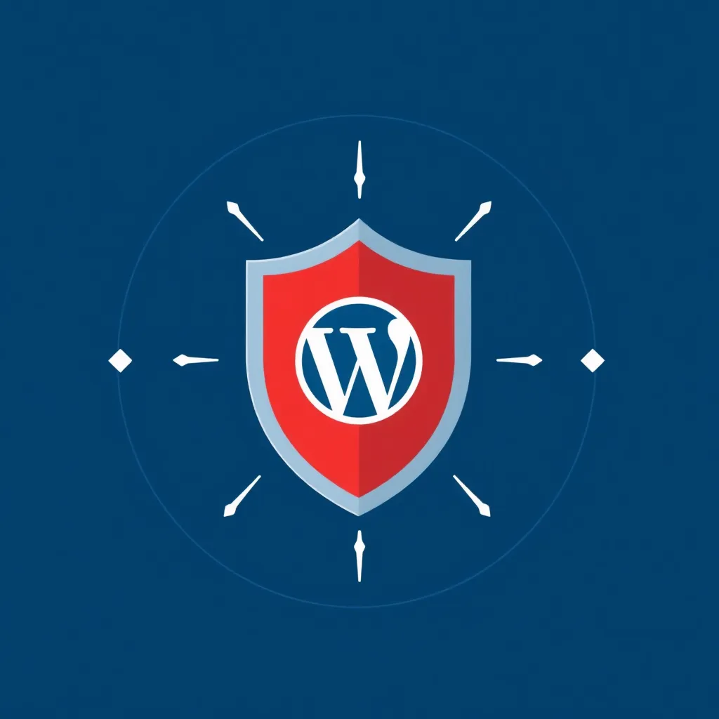 Bouclier rouge avec le logo WordPress blanc au centre, sur fond bleu foncé, symbolisant la sécurité
