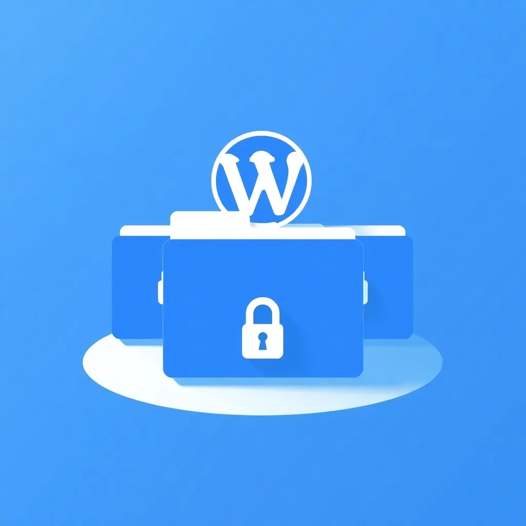 Logo WordPress sur des dossiers bleus avec cadenas, symbolisant la sécurité des fichiers et permissions
