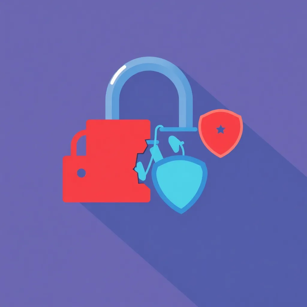 Cadenas rouge cassé avec deux boucliers de protection, symbolisant un site WordPress hacké et sa réparation