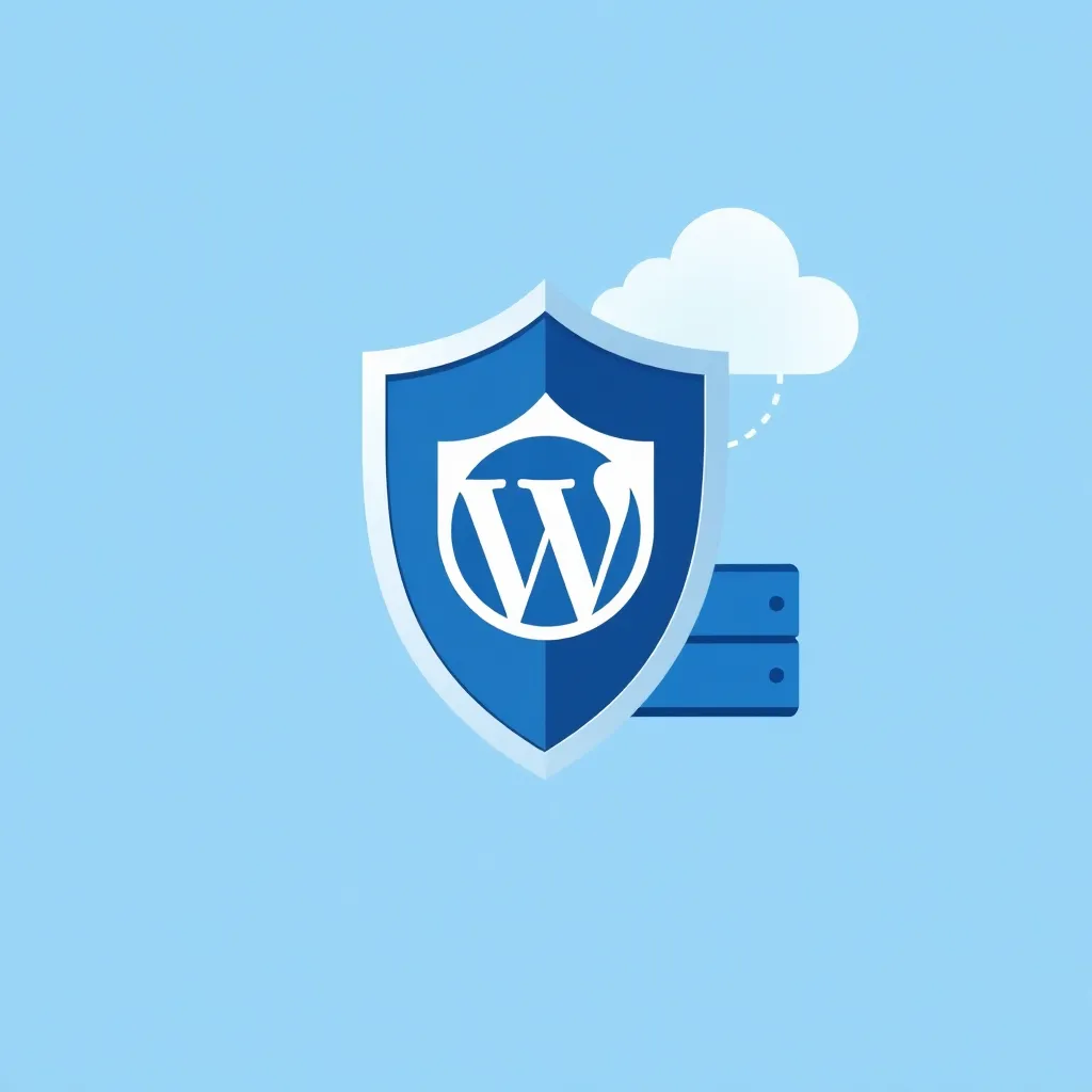Bouclier WordPress protégeant des serveurs et un cloud, symbolisant la sécurité et les sauvegardes de sites
