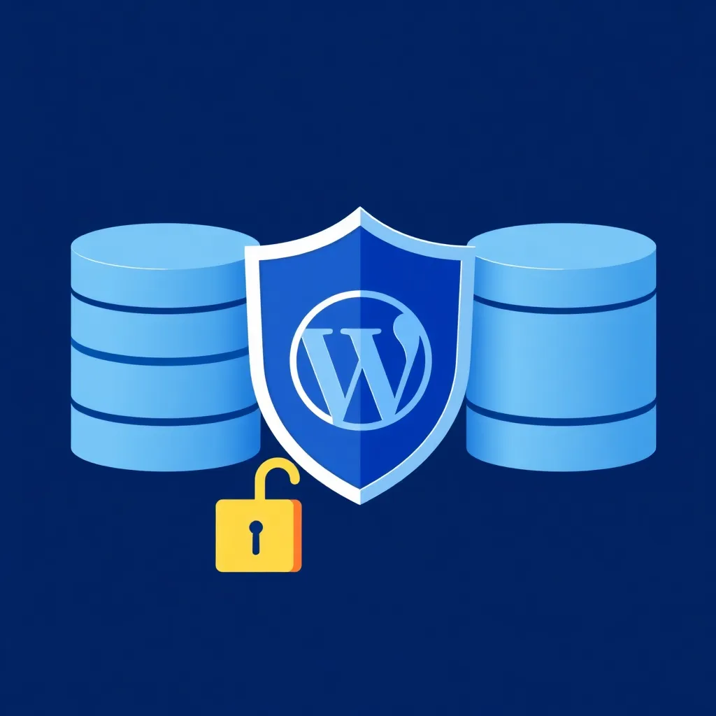 Bouclier WordPress protégeant deux bases de données avec un cadenas ouvert symbolisant la vulnérabilité