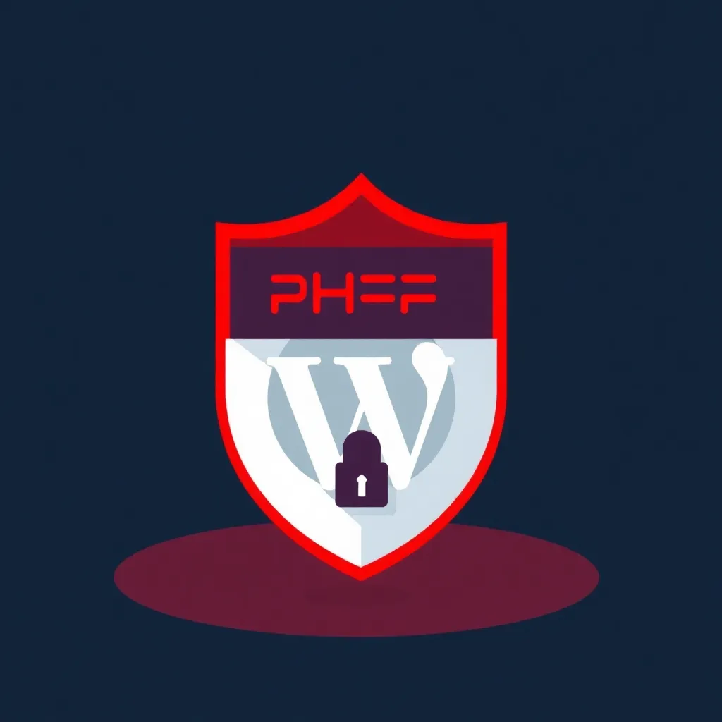 Bouclier de sécurité rouge et blanc avec le logo WordPress et un cadenas, et le texte « PHFF » en haut