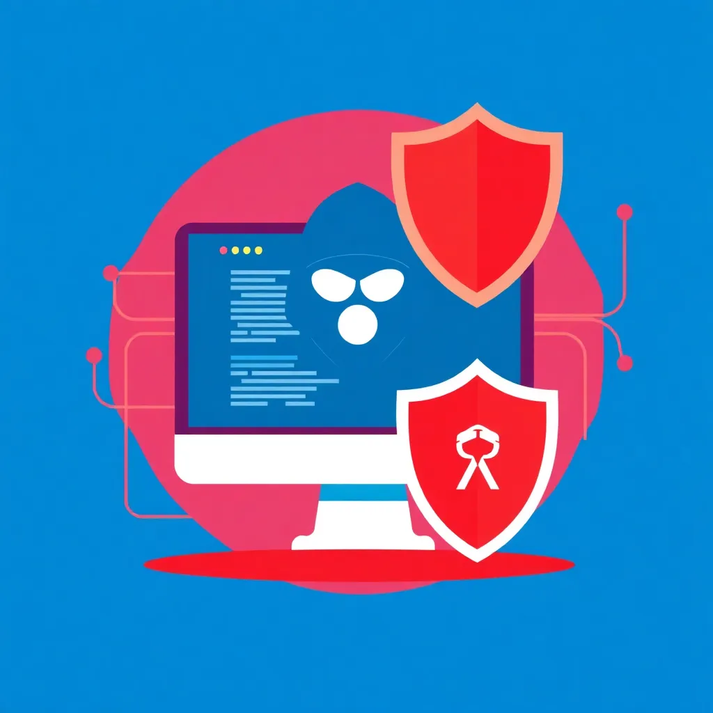 Illustration d'un écran d'ordinateur avec un masque de hacker et deux boucliers rouges, symbolisant la cybersécurité