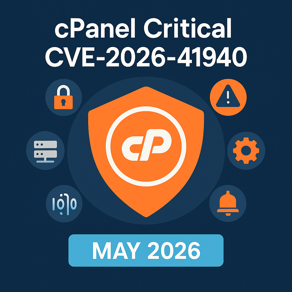 CPanel Critical CVE-2026-41940, bouclier cPanel, icônes de sécurité, et date mai 2026